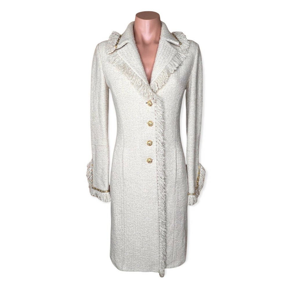 St John Knit Ivory Long Jacket sz 2 XS Fringe detail Gold Buttons Classic 1008
